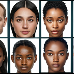 **AI Bias Visualization:** Image depicting faces with varying skin tones, some blurred or distorted, highlighting the challenges of fairness in facial recognition algorithms. Subtle coding elements in the background.
