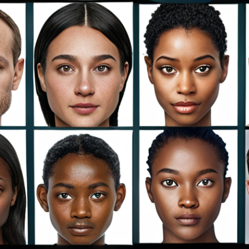 Home 19 **AI Bias Visualization:** Image depicting faces with varying skin tones, some blurred or distorted, highlighting the challenges of fairness in facial recognition algorithms. Subtle coding elements in the background.