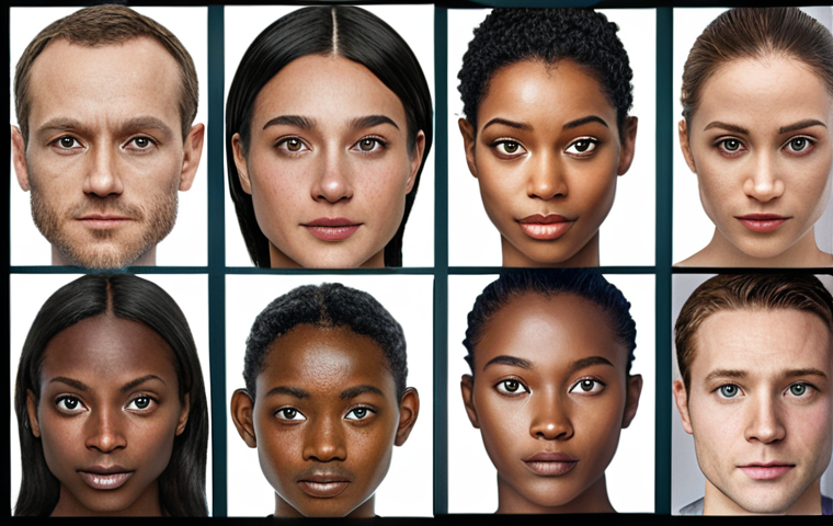 **AI Bias Visualization:** Image depicting faces with varying skin tones, some blurred or distorted, highlighting the challenges of fairness in facial recognition algorithms. Subtle coding elements in the background.