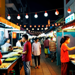 Positive: "A bustling, vibrant night market scene in Kuala Lumpur, Malaysia. Focus on street food stalls illuminated by warm, inviting string lights, showcasing a variety of delicious Malaysian dishes such as Nasi Lemak, Satay, and colourful Kuih. Crowds of diverse people, including locals in traditional batik and modern attire, interacting joyfully. Capture the smoky, aromatic atmosphere with rich textures and deep colours. Hyperrealistic, cinematic lighting, shallow depth of field, 8k, DSLR photo, high detail, volumetric light."