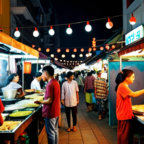 Home 8 Positive: "A bustling, vibrant night market scene in Kuala Lumpur, Malaysia. Focus on street food stalls illuminated by warm, inviting string lights, showcasing a variety of delicious Malaysian dishes such as Nasi Lemak, Satay, and colourful Kuih. Crowds of diverse people, including locals in traditional batik and modern attire, interacting joyfully. Capture the smoky, aromatic atmosphere with rich textures and deep colours. Hyperrealistic, cinematic lighting, shallow depth of field, 8k, DSLR photo, high detail, volumetric light."