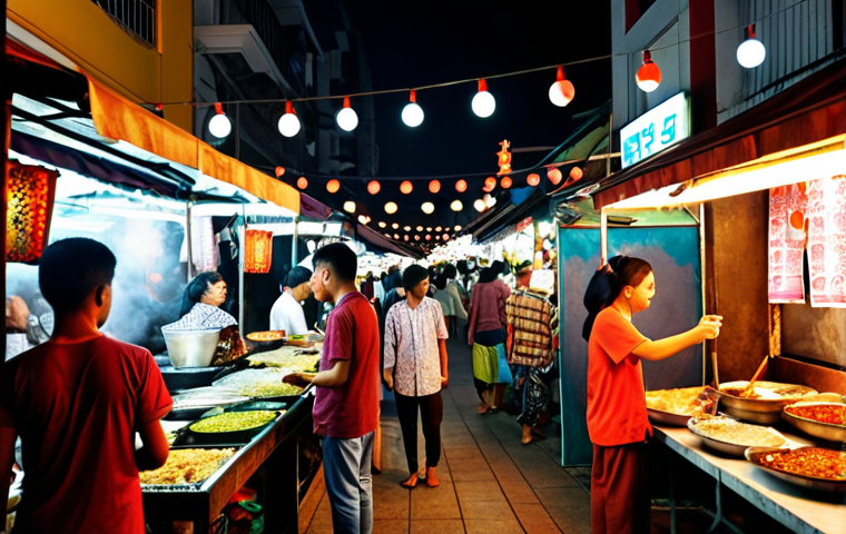 Positive: "A bustling, vibrant night market scene in Kuala Lumpur, Malaysia. Focus on street food stalls illuminated by warm, inviting string lights, showcasing a variety of delicious Malaysian dishes such as Nasi Lemak, Satay, and colourful Kuih. Crowds of diverse people, including locals in traditional batik and modern attire, interacting joyfully. Capture the smoky, aromatic atmosphere with rich textures and deep colours. Hyperrealistic, cinematic lighting, shallow depth of field, 8k, DSLR photo, high detail, volumetric light."